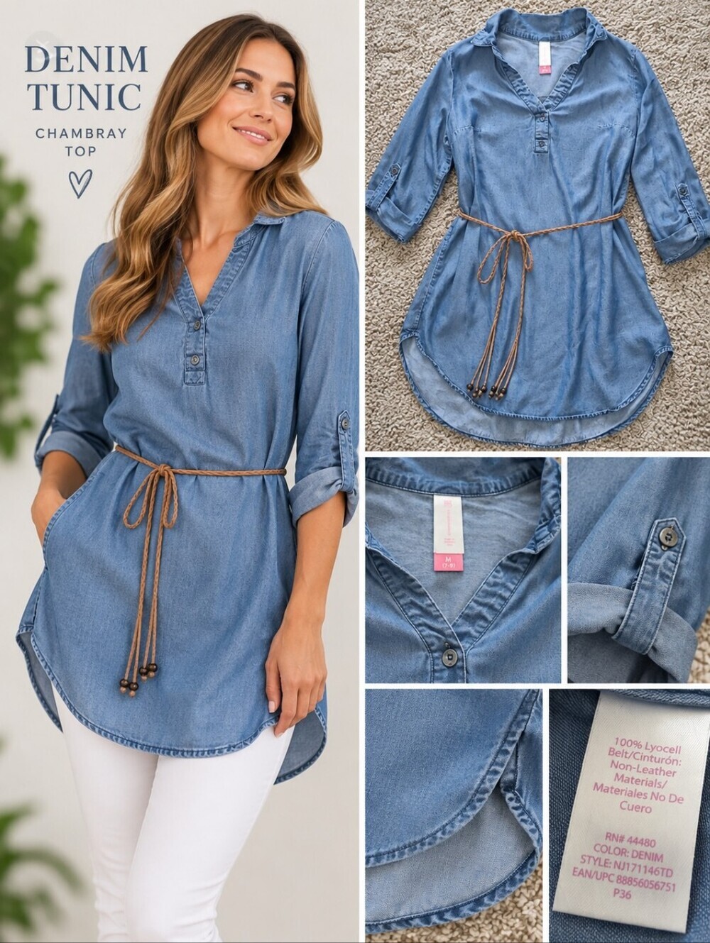 No Boundaries Blue Chambray Tunic Relaxed Fit W Removable Tie Belt